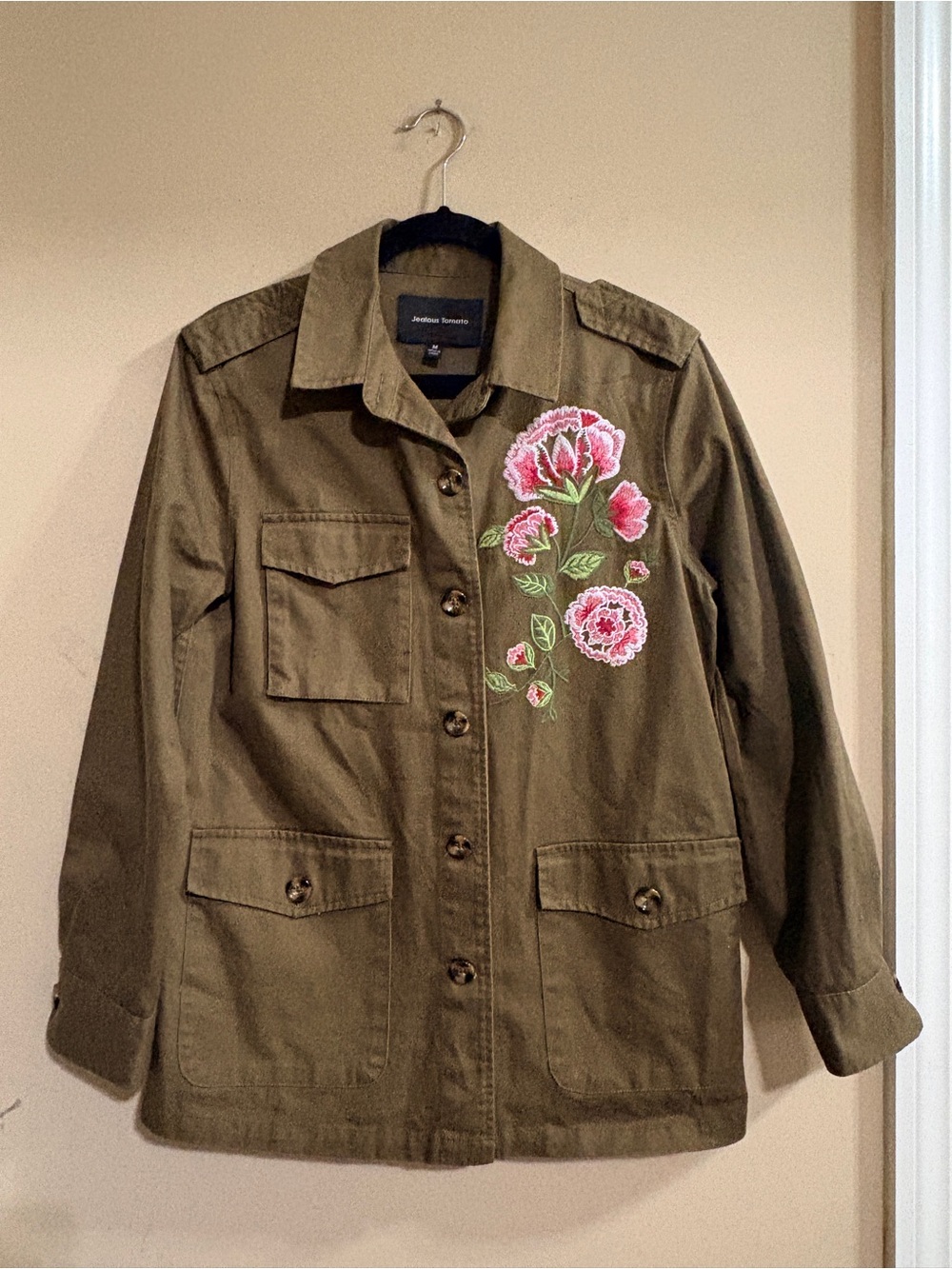 Jealous Tomato Olive Green Embroidered Boho Utility Jacket Medium